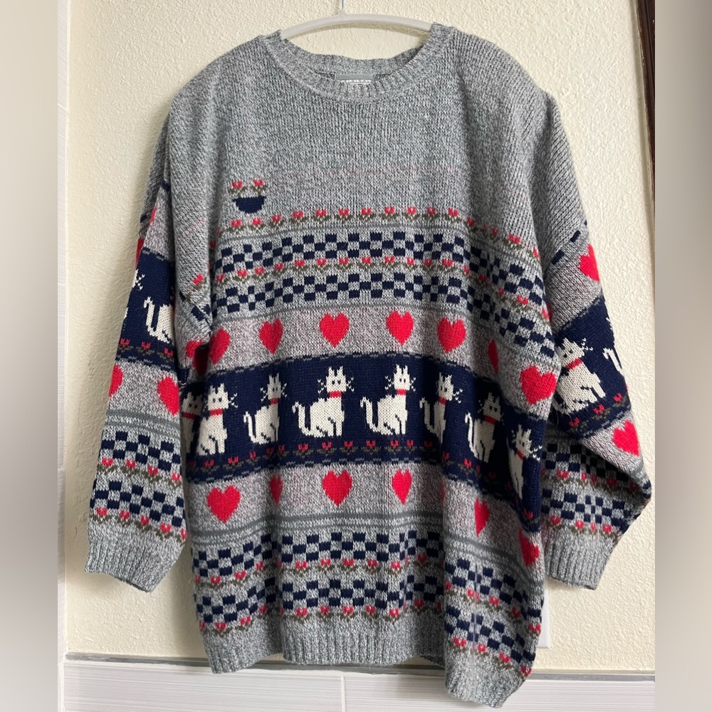 Vintage 80s Cat Sweater Venezia originals Cozy knit Oversize Relaxed Heart XL